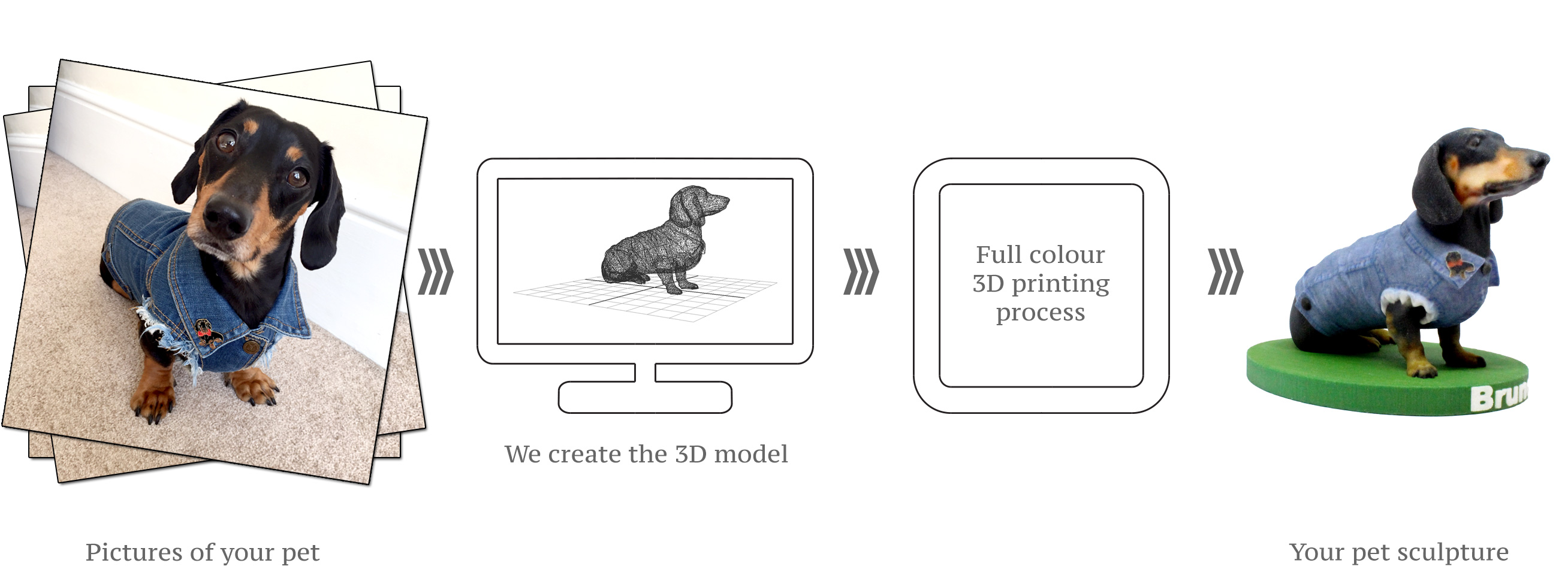 Dachshund sculpture process from photos to 3D printed sculpture